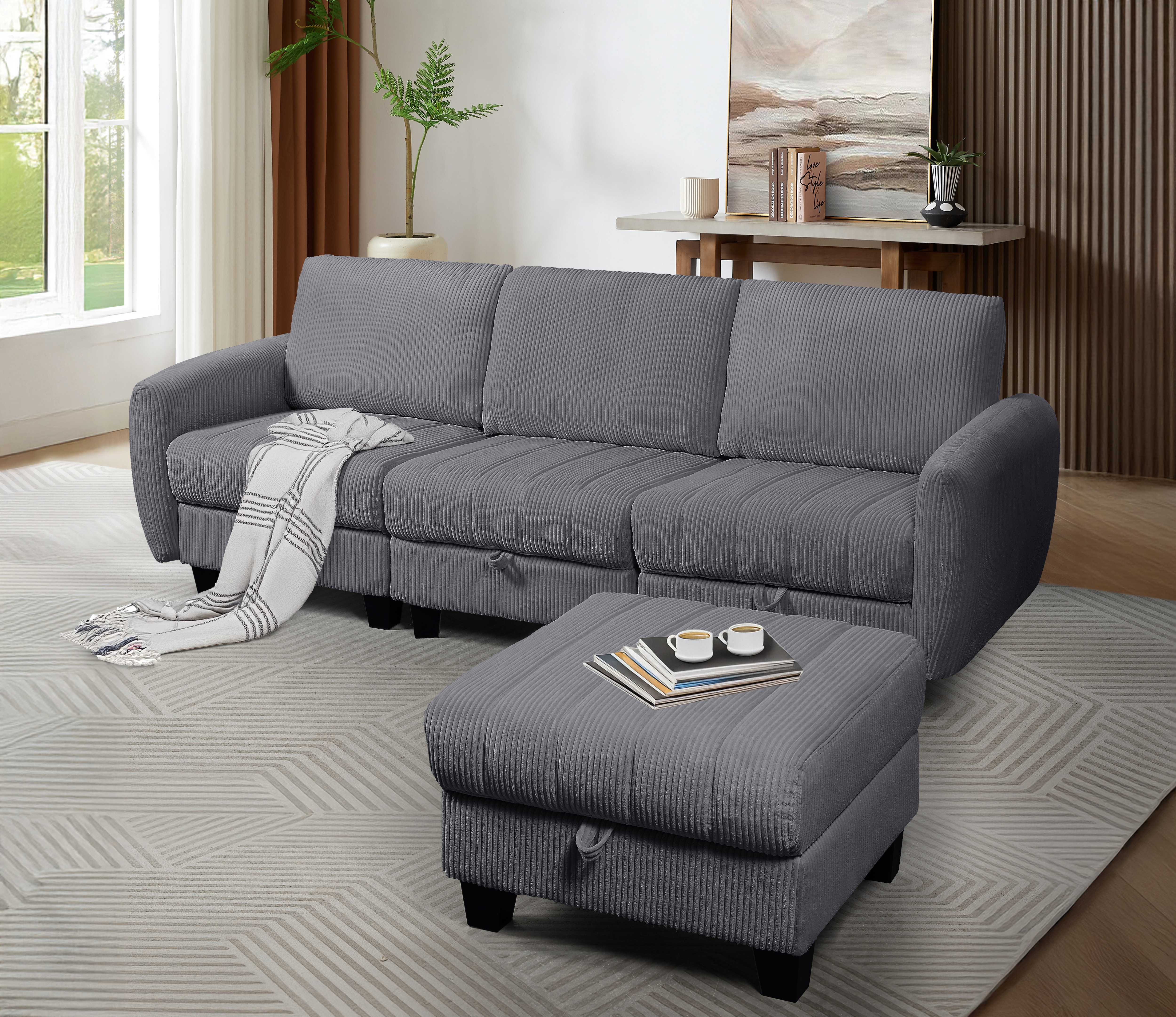 Grey Corduroy Fabric Sofa with OTTOMAN